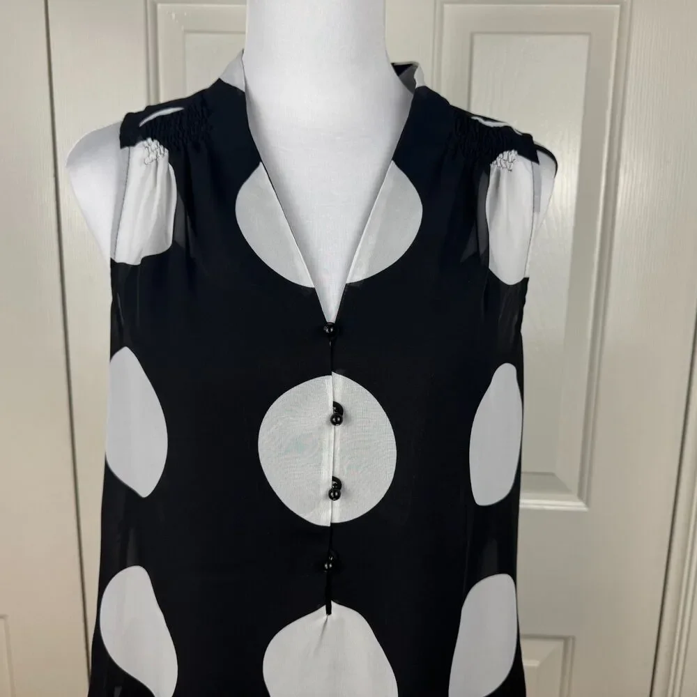 ECI Blouse Sz S Sheer Black White Large Polka Dot Front Buttons VNeck Sleeveless - Picture 2 of 9